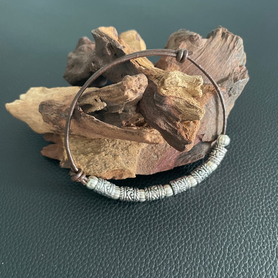 Unisex  Brown Leather and Silver Adjustable Bracelet