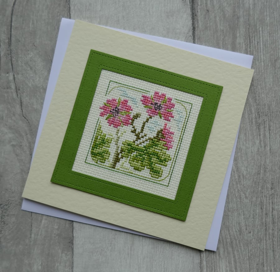 Cranesbill Cross Stitch Pink Flowers - Blank Greetings Card 