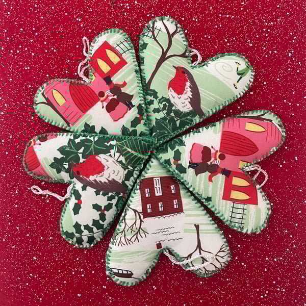 Recycled Dress Christmas Heart Hanging Decoration Set