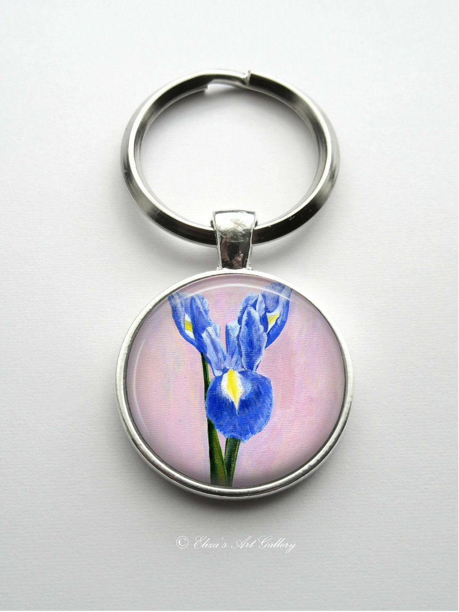 Silver Plated Iris Flower Art Cabochon Keyring