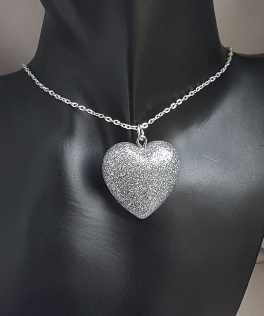 Gorgeous Sparkly Silver Resin Glitter Heart Pendant on Chain - Silver Tones