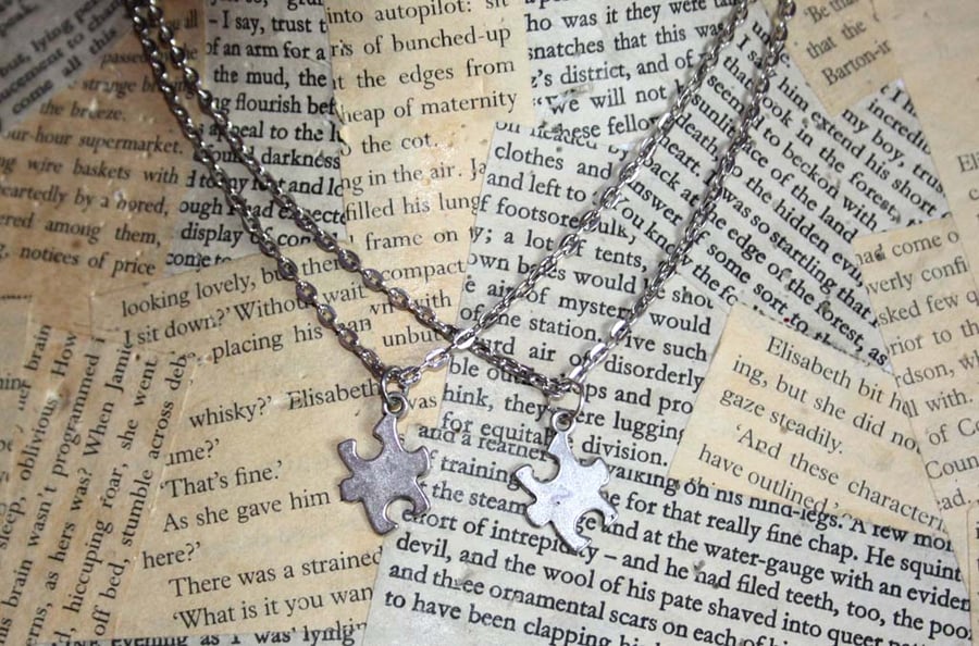 Silver Jigsaw Puzzle Piece Necklace Set