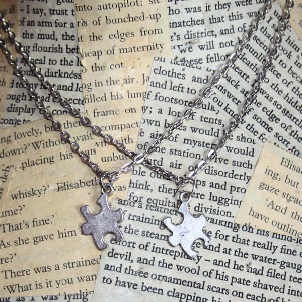 Silver Jigsaw Puzzle Piece Necklace Set