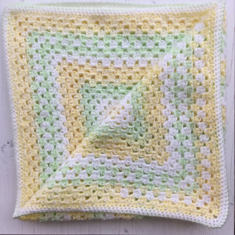 Crochet Granny Square Baby Blanket in White, Yellow and Green 