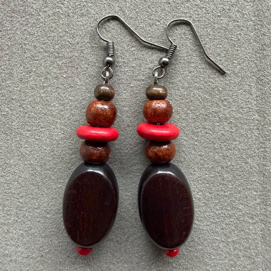 Dark Brown and Red wood Bead Boho Style Drop Earrings