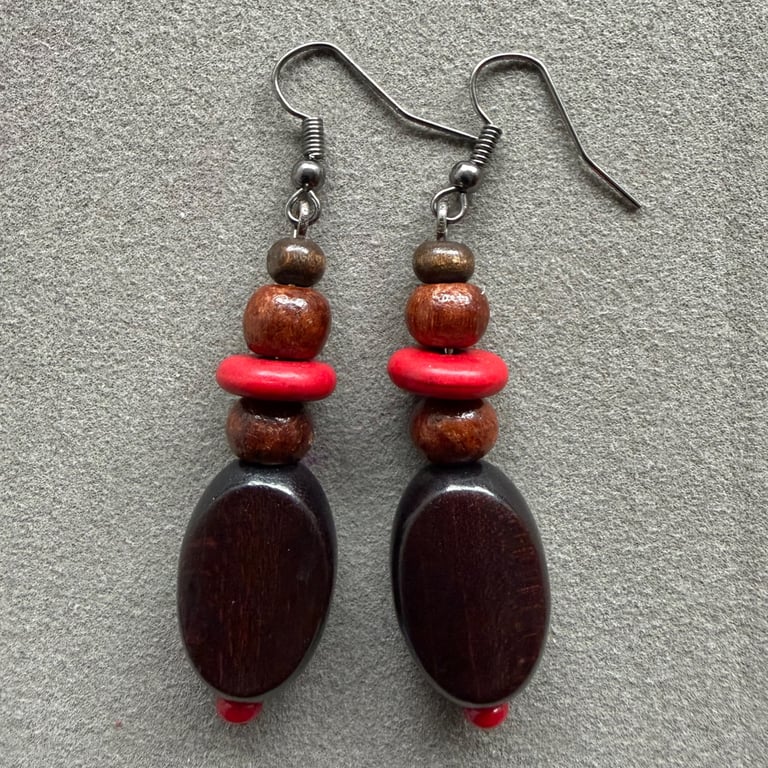 Dark Brown and Red wood Bead Boho Style Drop Earrings