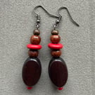 Dark Brown and Red wood Bead Boho Style Drop Earrings