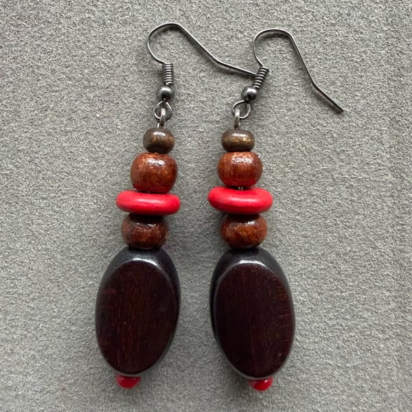 Dark Brown and Red wood Bead Boho Style Drop Earrings