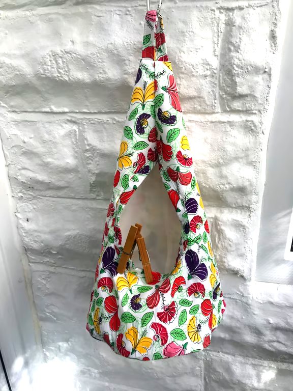 Lined White Floral Peg Bag with carabiner clasp