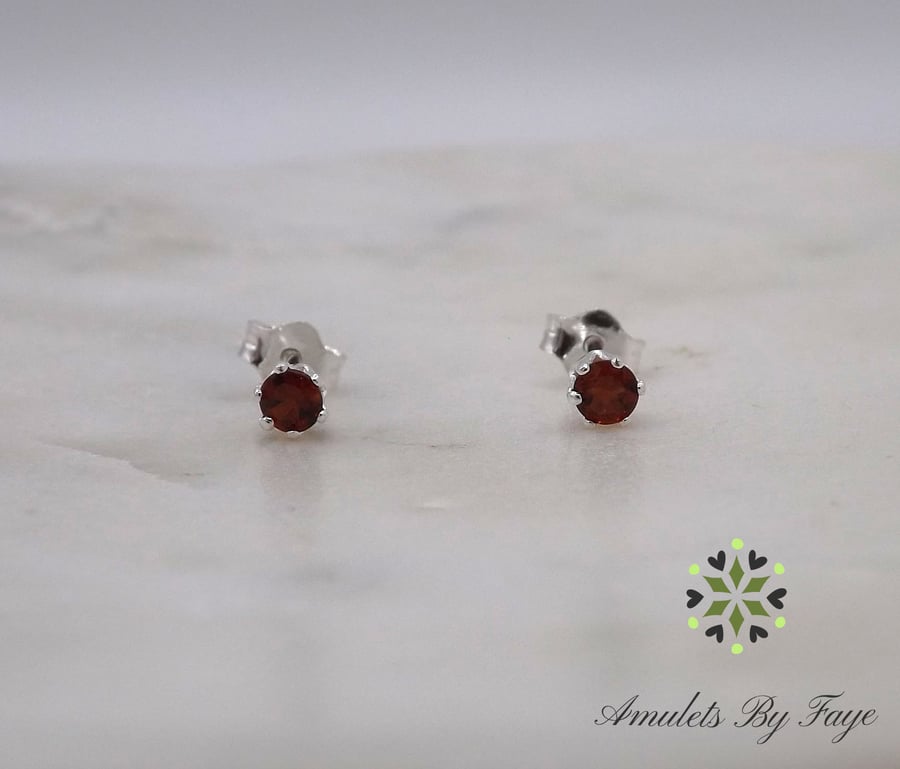 Garnet Facet 3mm Gemstone Sterling Silver Stud Earrings.