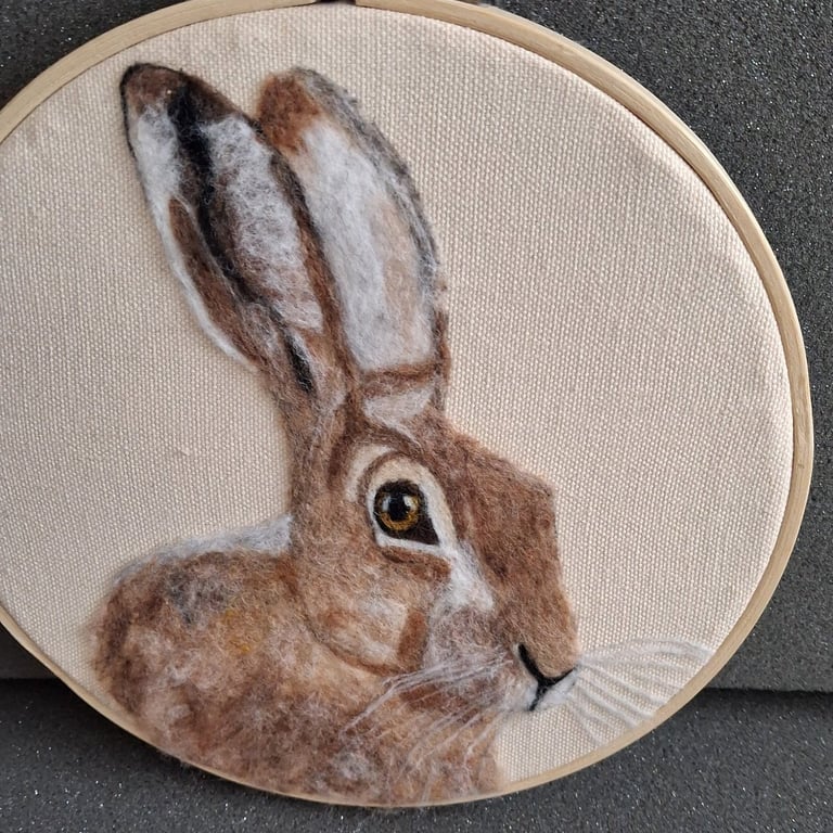 Needle Felted Hare picture Portrait  Handmade Wool Wall Art