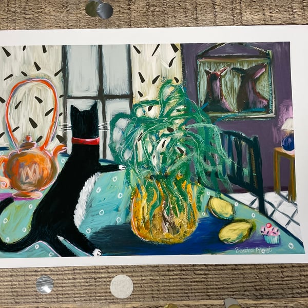 Still Life Art Print Black Cat Orange Teapot & Kelpies