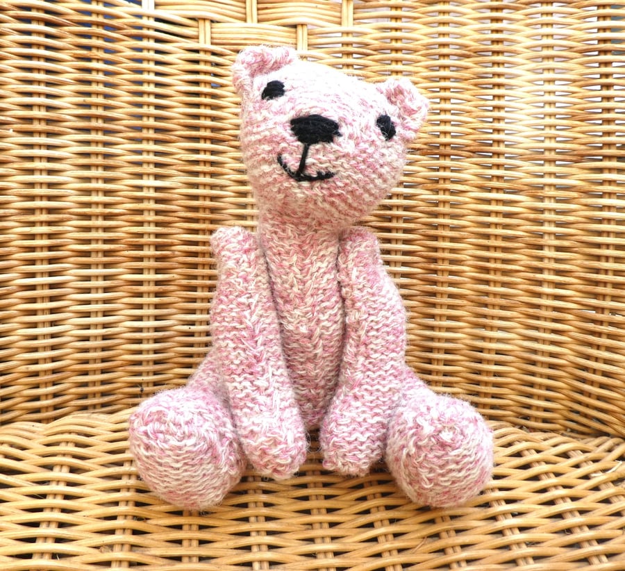 Handmade  White Pink Teddy Bear Knitted in 100% Wool