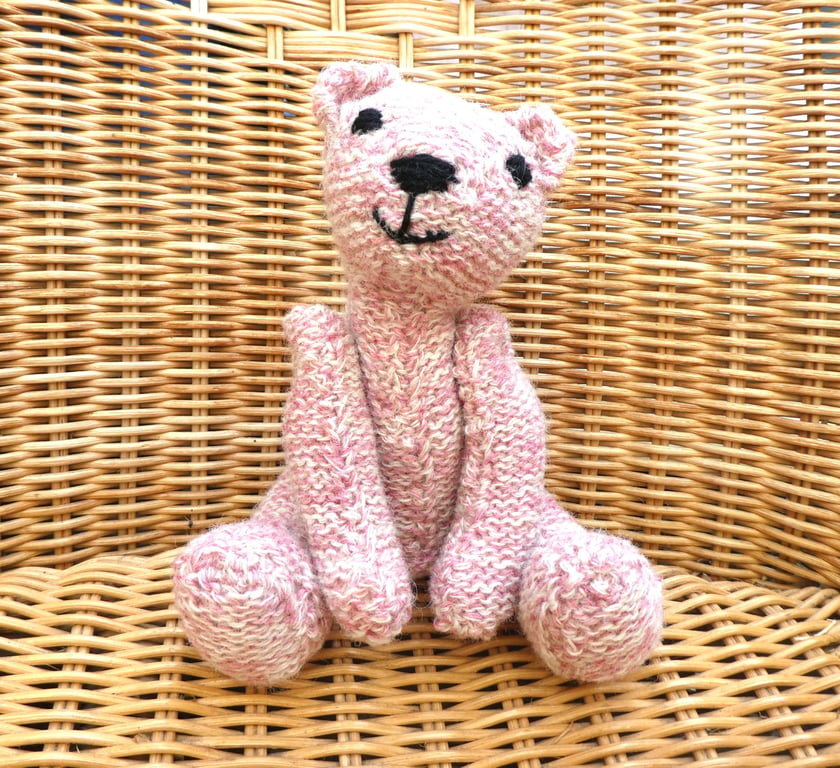 Handmade  White Pink Teddy Bear Knitted in 100% Wool