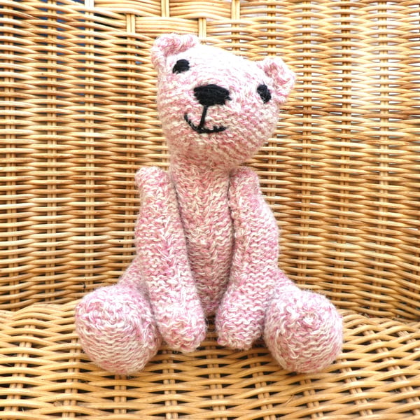Handmade  White Pink Teddy Bear Knitted in 100% Wool