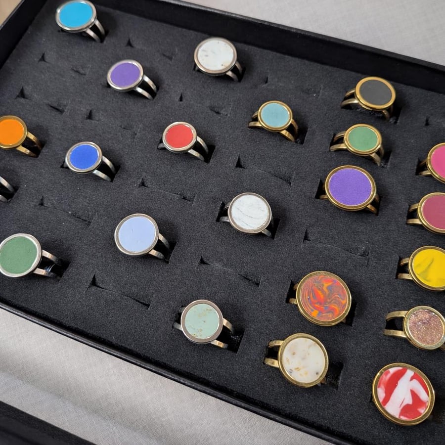 Handmade Polymer Clay Ring, Adjustable Stainless Steel Band, Colorful Cabochon J