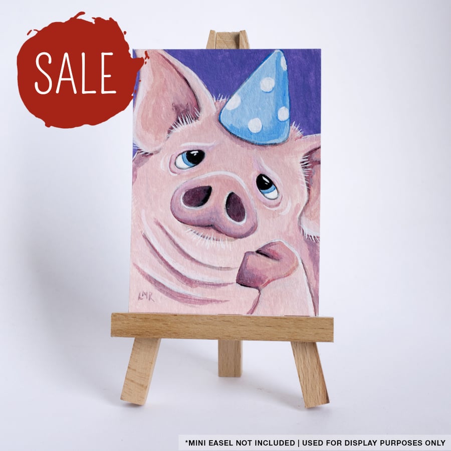 SALE - Original ACEO - Pig in a Party Hat