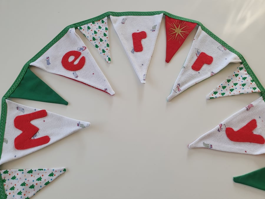 SALE White Hand Stitched "Merry Christmas" Bunting on Green Binding
