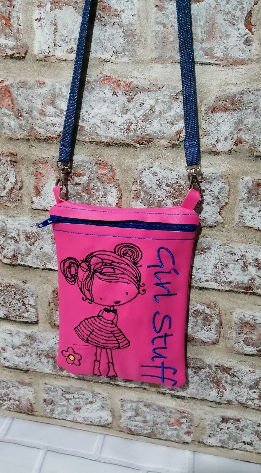 CERISE PINK GIRLS STUFF EMBROIDERED BAG