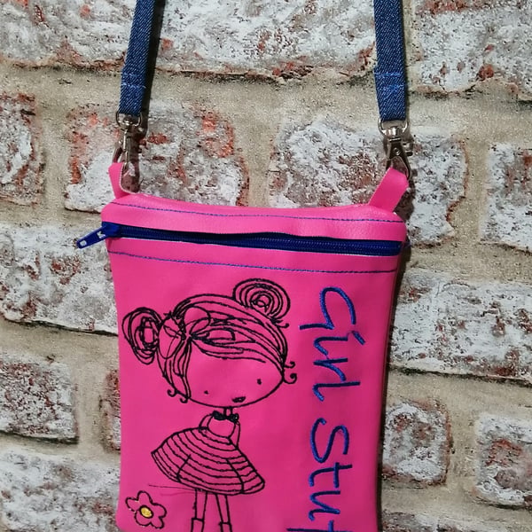 CERISE PINK GIRLS STUFF EMBROIDERED BAG