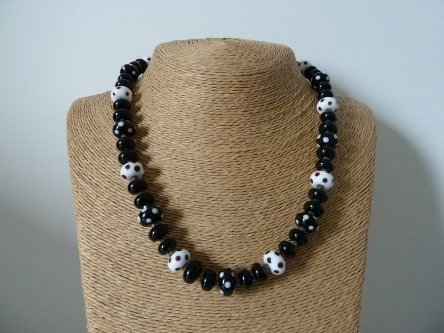 lampwork glass black and white polka dot necklace
