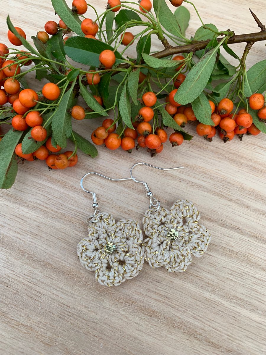 Gold & Silver Retro Style Crochet Flower Dangle Earrings with Sparkly Crystals