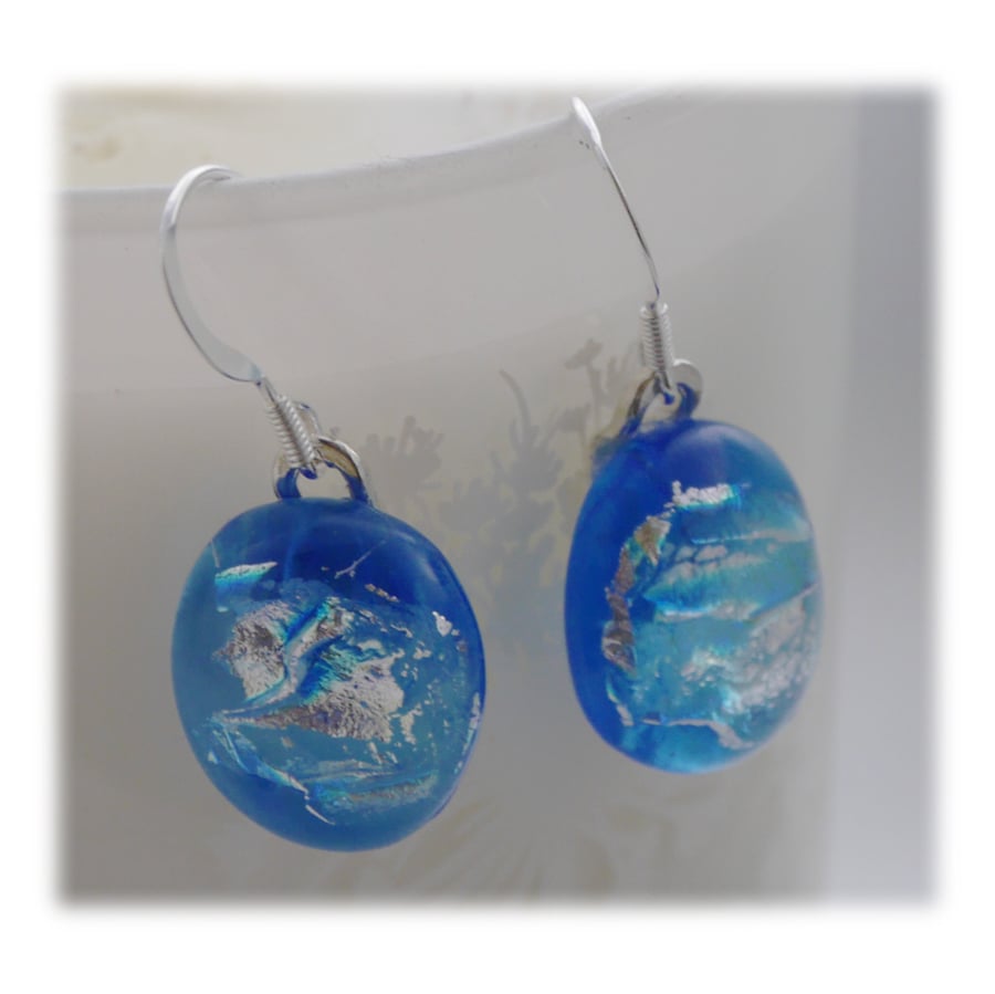 Handmade Fused Dichroic Glass Earrings 175 Aqua Silver