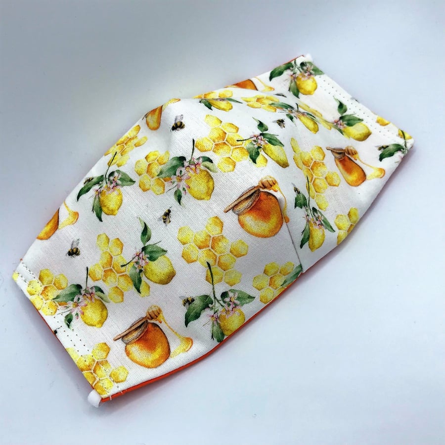 Lemon, Honey and Bees Face Mask. Triple layered. 100 % Cotton Fabric.