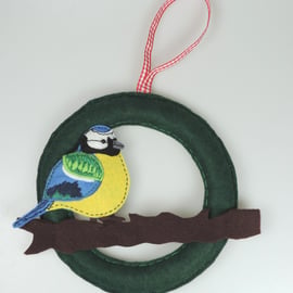 Blue Tit on a twig, Hand stitched felt decorative hanging, Bird Decoration