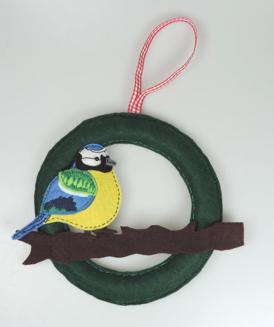 Blue Tit on a twig, Hand stitched felt decorative hanging, Bird Decoration