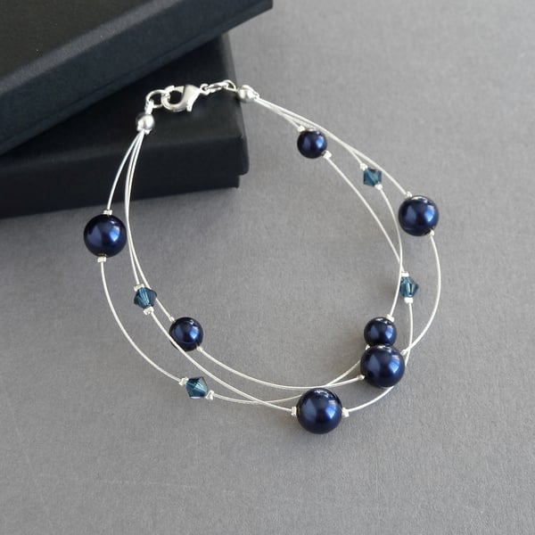 Navy Floating Pearl Bracelet - Dark Blue Multi-strand Jewellery Gifts for Women