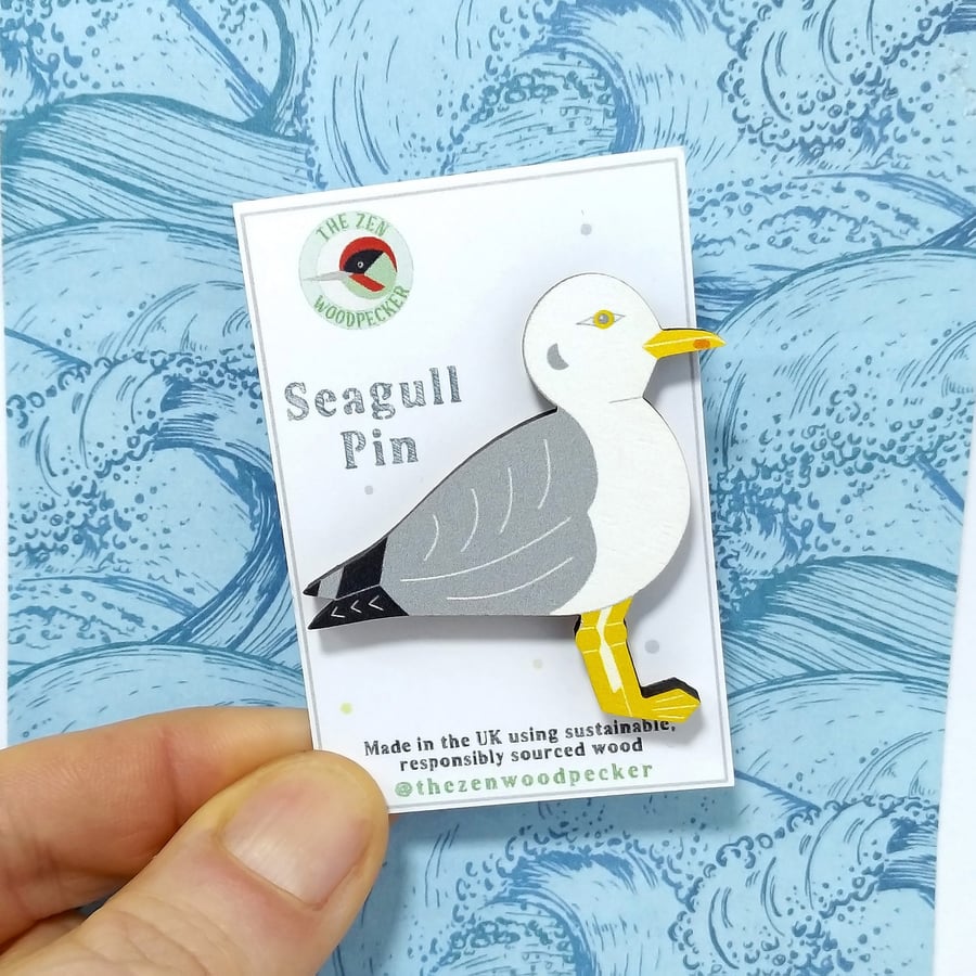 Seagull Pin Badge, Wooden Bird Brooch, Seabird Badge, Seaside, Herring Gull