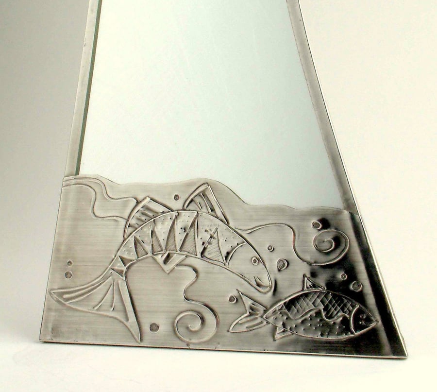 Bathroom mirror.Pewter. Big fish little fish.