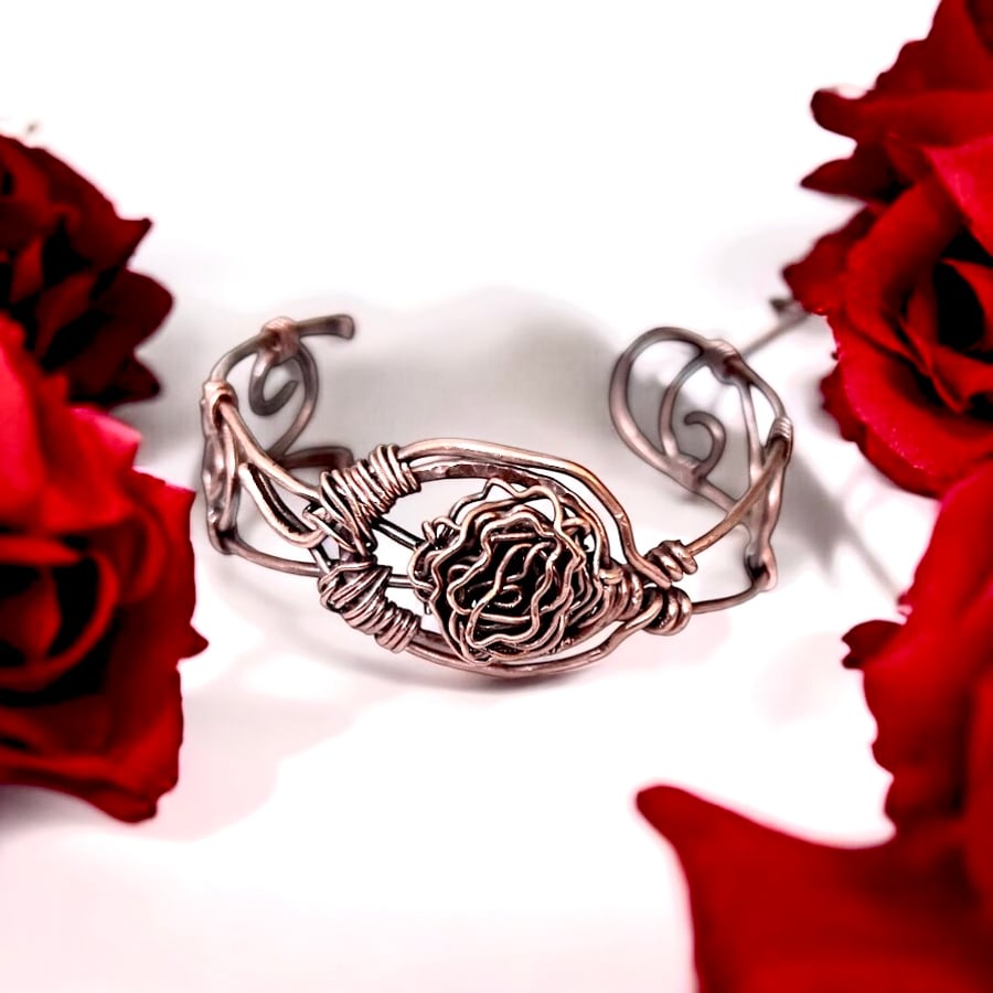 Oxidised Copper Flower Bangle L - XL, Gift Boxed
