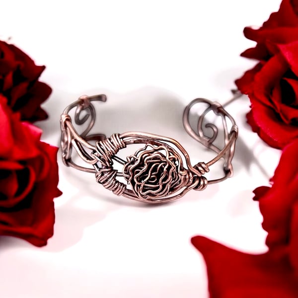 Oxidised Copper Flower Bangle L - XL, Gift Boxed