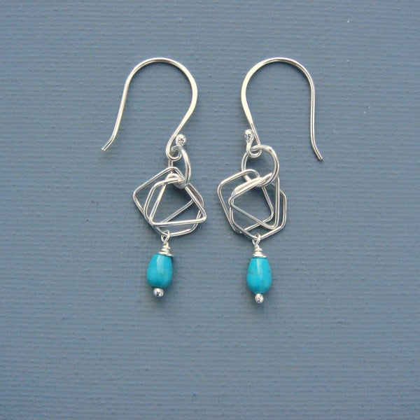 Shape Shifter Sterling Silver Wire and Semi-Precious Turquoise Geometric Earring