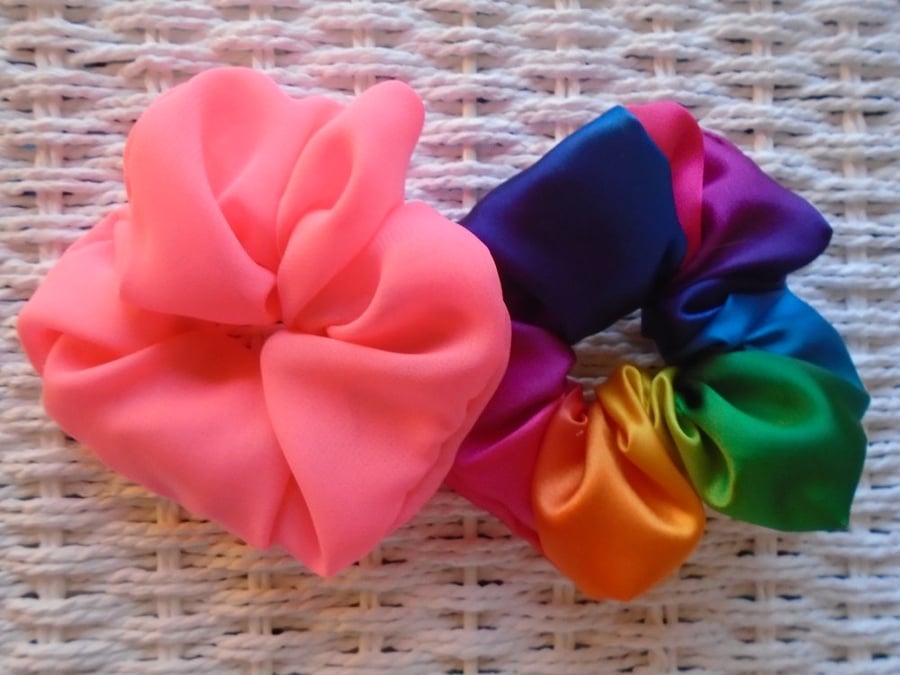 Pack of 2 Handmade Hair Scrunchies Rainbow Satin & Neon Pink Chiffon.