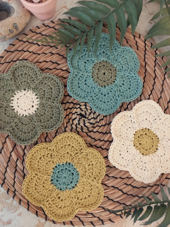  Crochet Funky Flower Coasters Set of 4