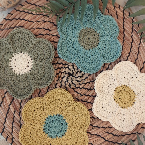  Crochet Funky Flower Coasters Set of 4