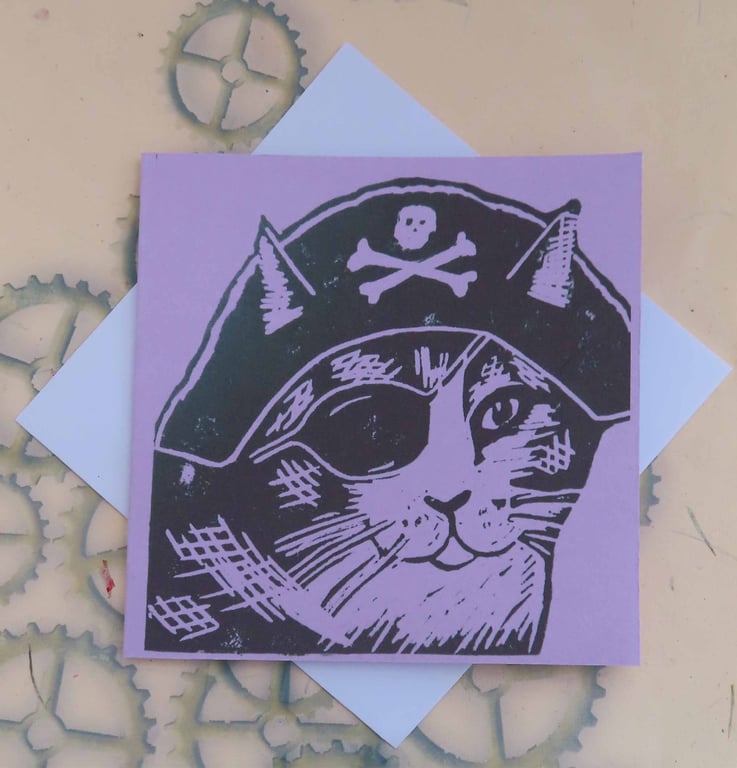 Pirate Cat Art Greeting Card From Original Lino Cut Print Lilac