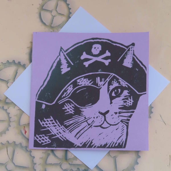 Pirate Cat Art Greeting Card From Original Lino Cut Print Lilac