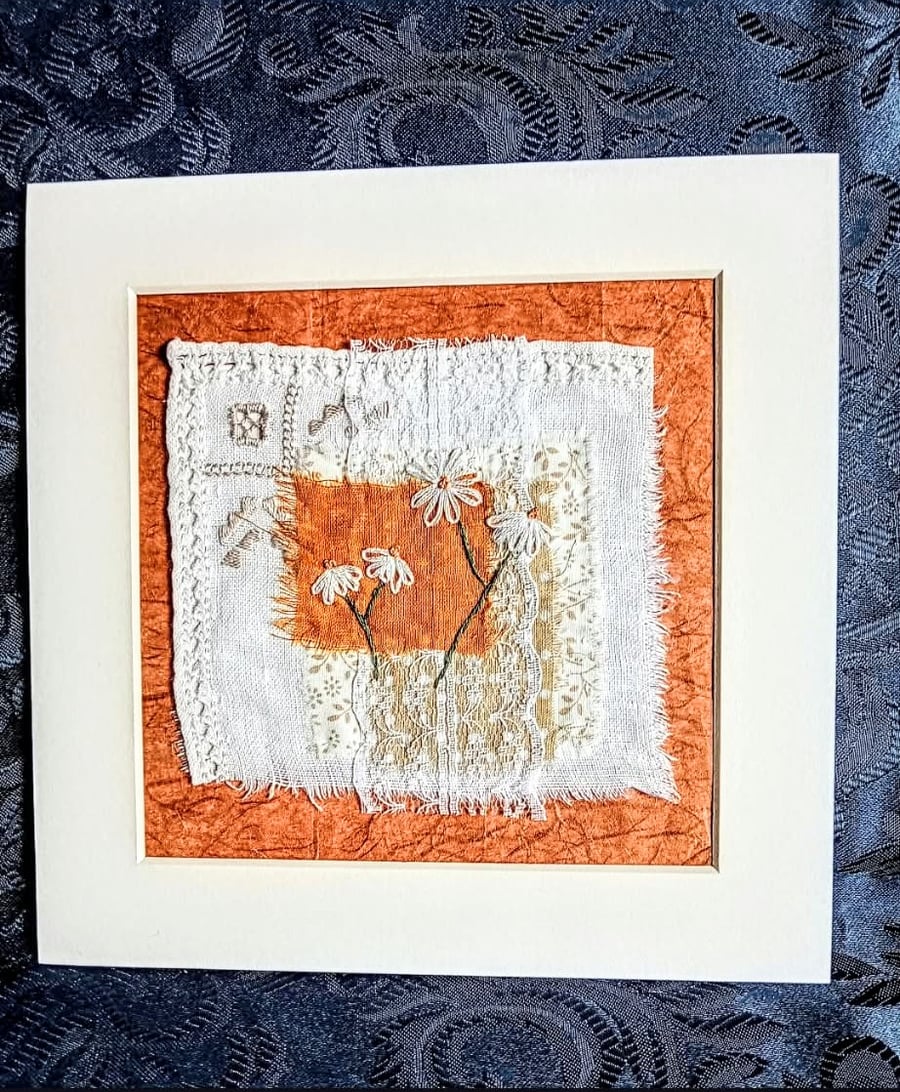 Hand embroidered floral textile wall art, slow stitched wall decor unframed
