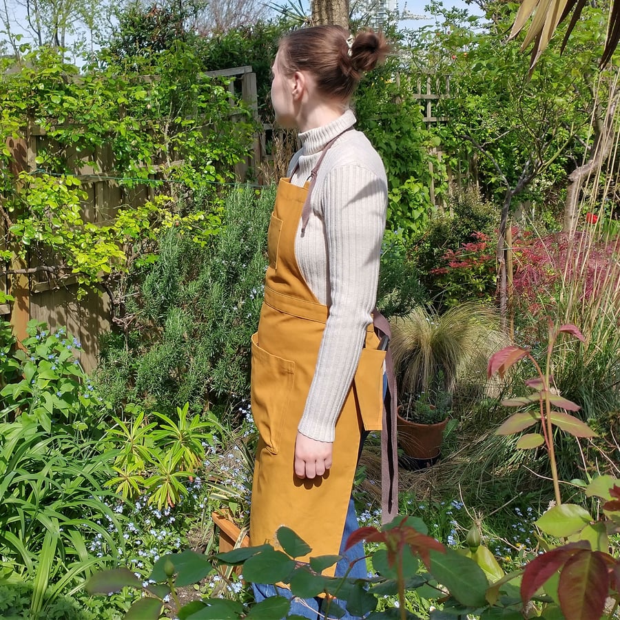 NEW! Gardening Apron with Pockets and Harvesting Skirt. Ochre Canvas