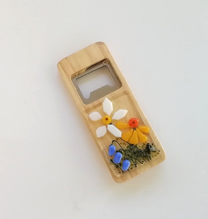 Bottle opener, fridge magnet, bar accessory, fused glass bottle opener. 