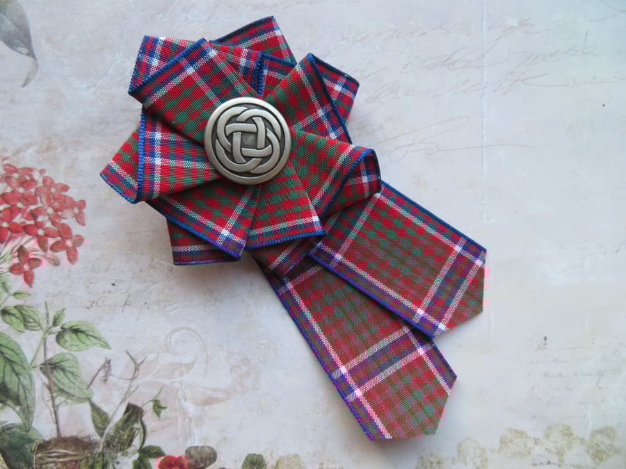 MacRae Red Ribbon Ruffle Rosette Brooch Pin with Silver Celtic Button 