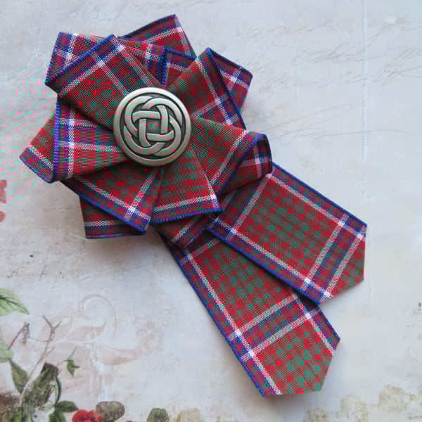 MacRae Red Ribbon Ruffle Rosette Brooch Pin with Silver Celtic Button 