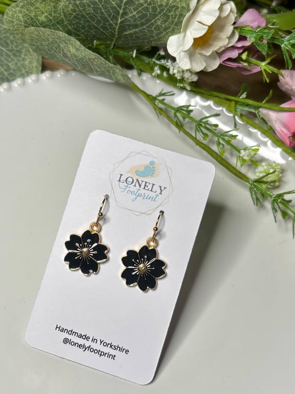 Black Flower Earrings, Floral Charms, Handmade Jewellery 