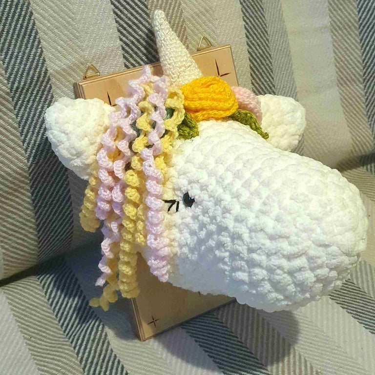 Crocheted unicorn trophy head - faux taxidermy