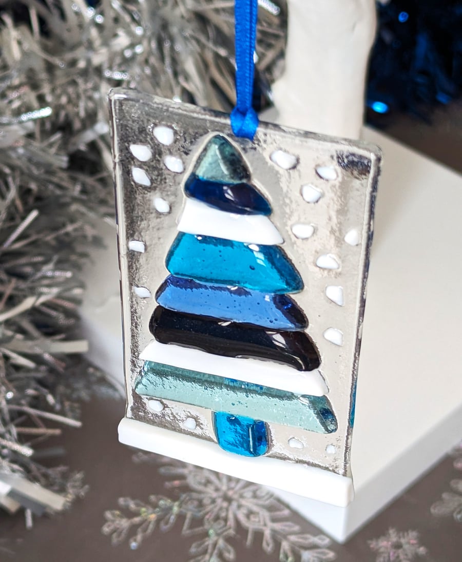 Fused Glass Blue Christmas Tree Hanger Decoration - Folksy