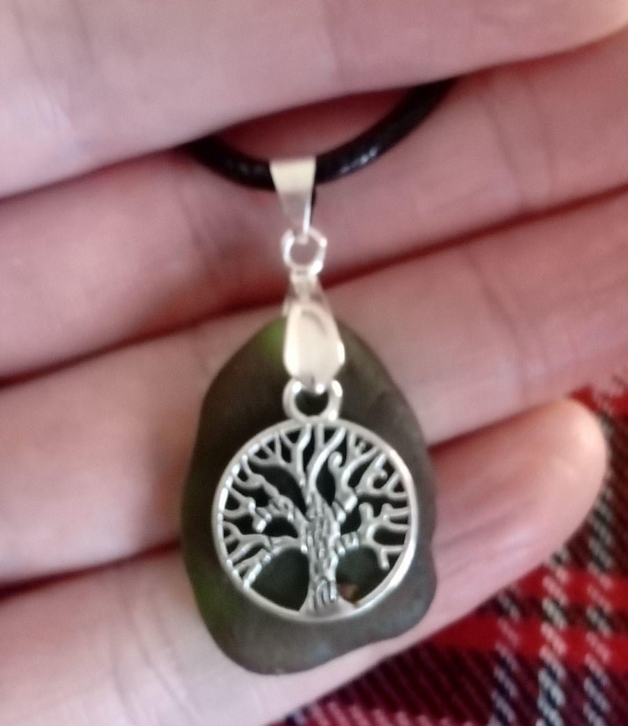 Green sea glass pendant, genuine Scottish seaglass with tree of life charm